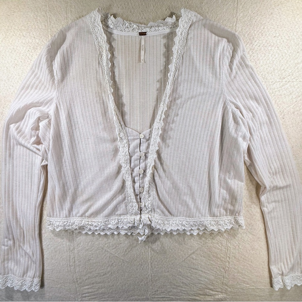 Free People Third Date Top, Crocheted Hem, Almond / Off-white Color, XL